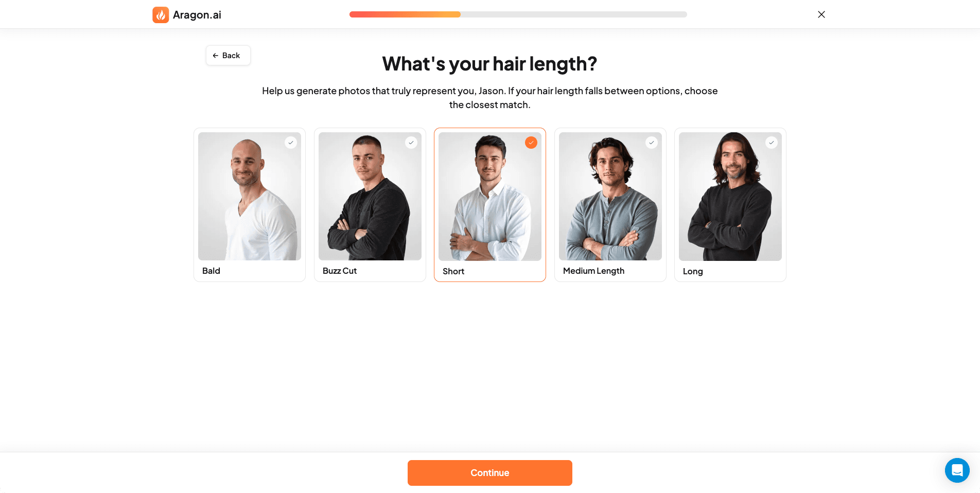 Screenshot of Aragon AI website hair length selection form for AI headshot customization