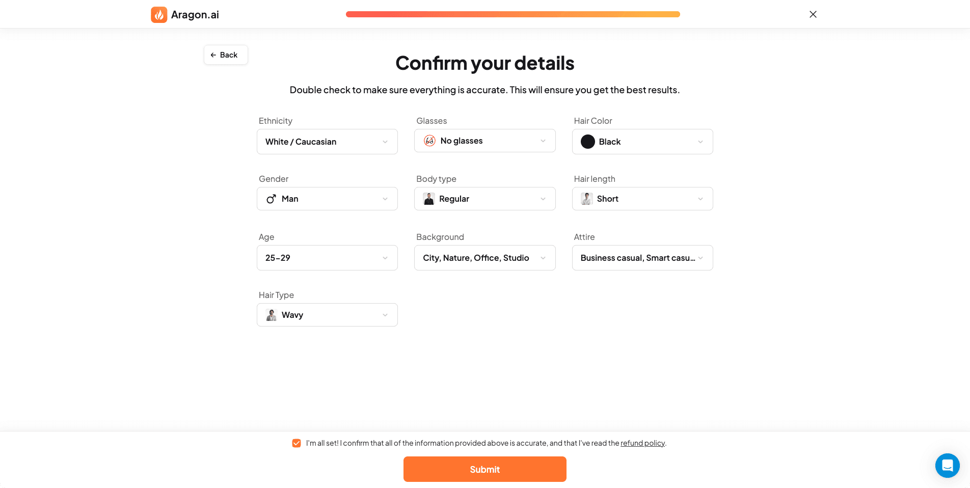 Screenshot of Aragon AI website review and confirm details page before processing