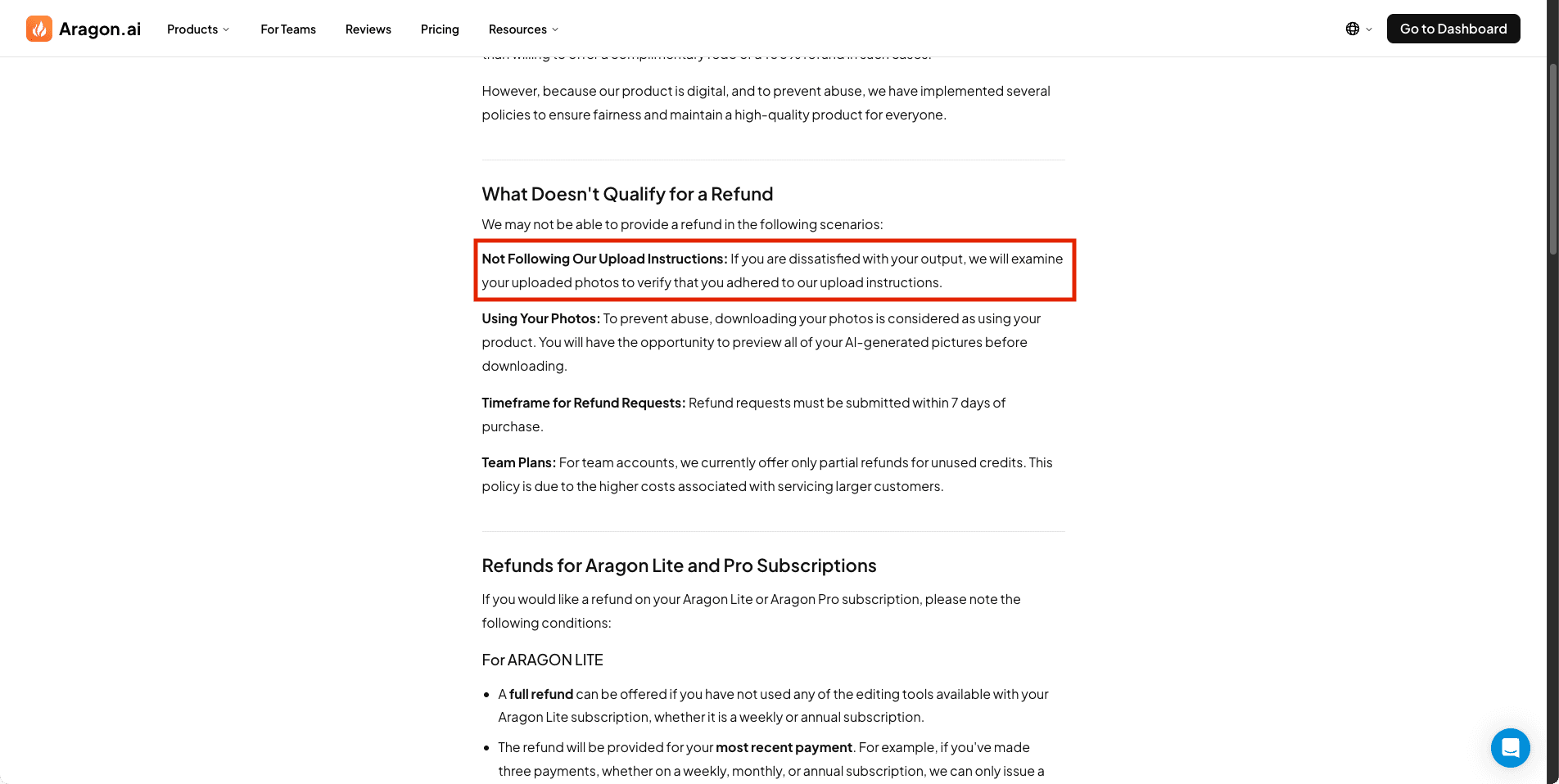 Screenshot of Aragon AI website refund policy and terms page