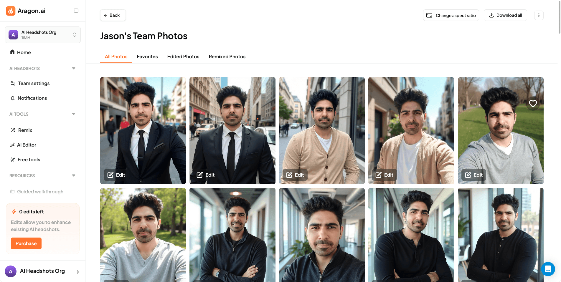 Screenshot of Aragon AI website results dashboard showing completed headshots
