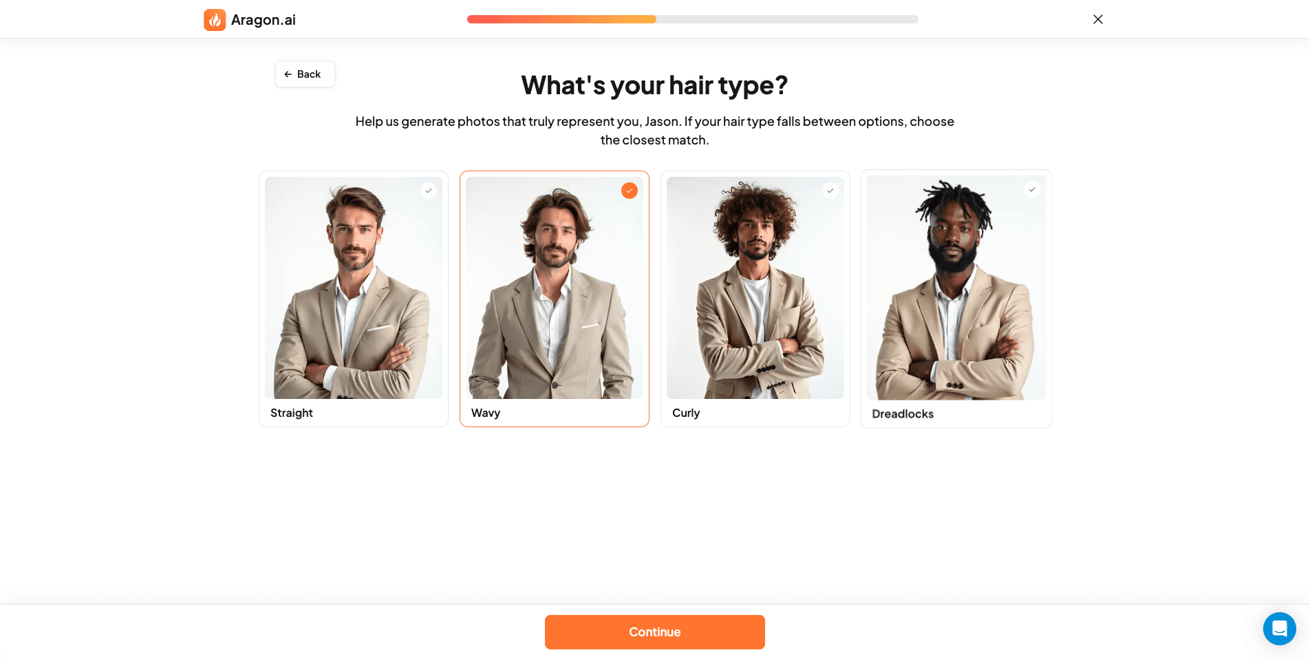 Screenshot of Aragon AI website hair type selection interface