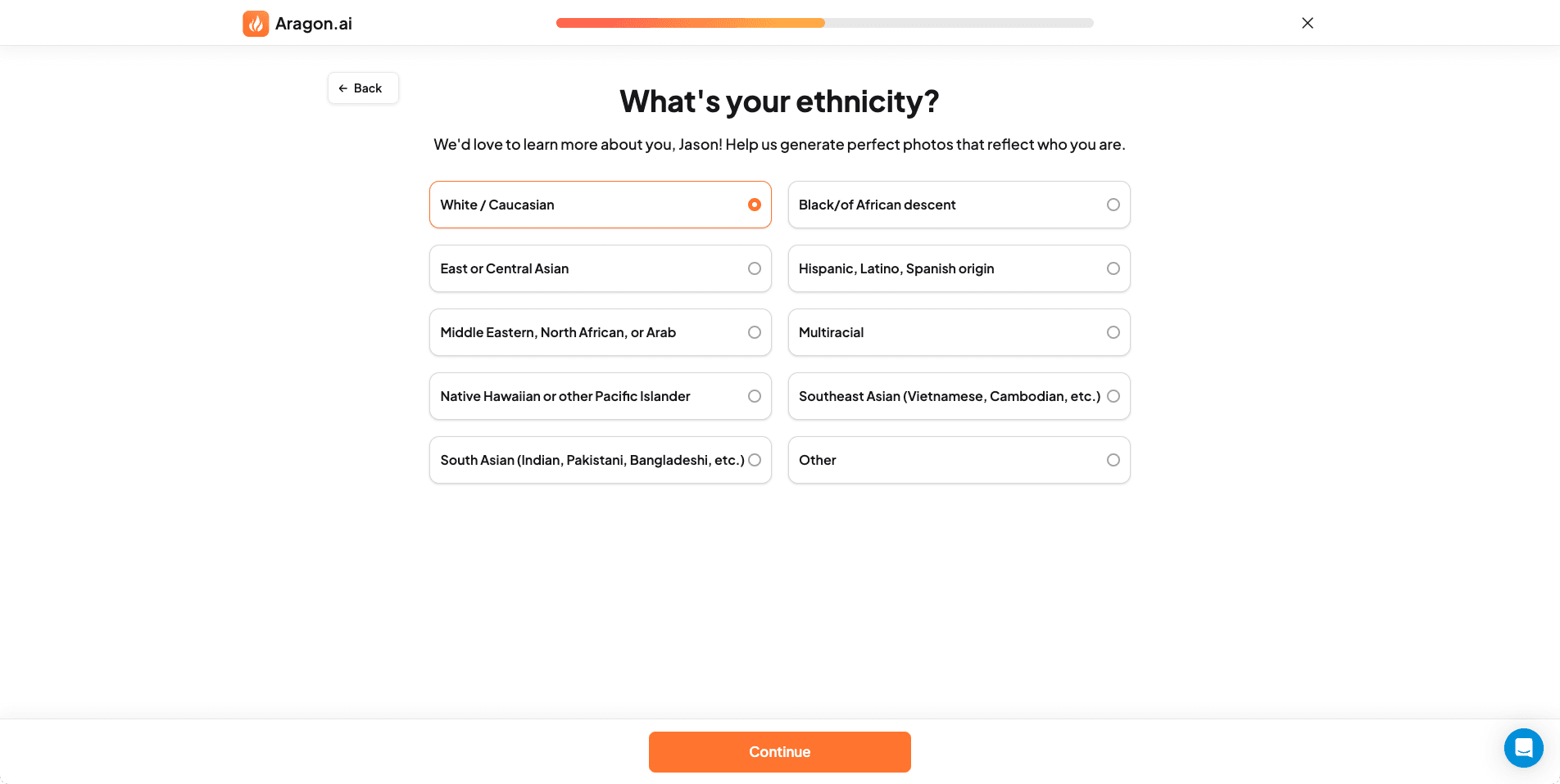 Screenshot of Aragon AI website ethnicity selection screen for personalized AI headshots