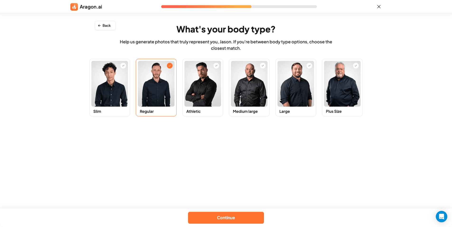 Screenshot of Aragon AI website body shape preferences input form