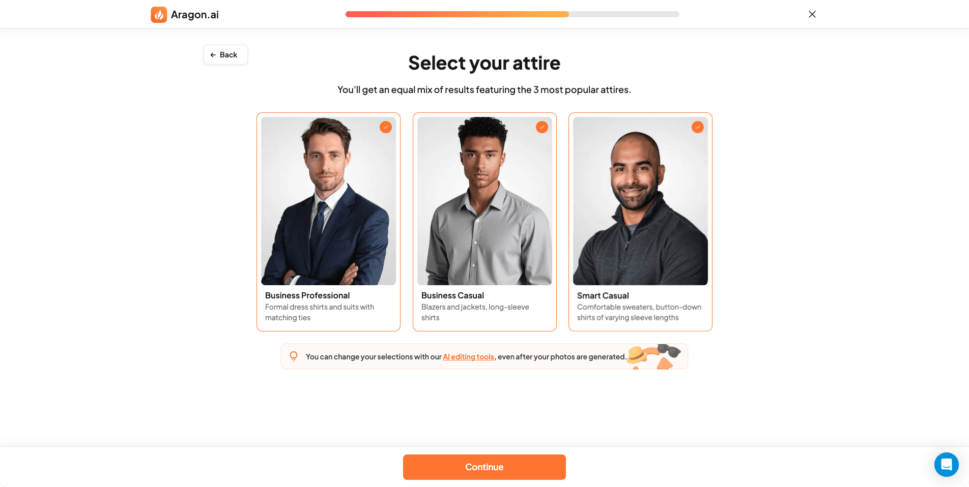 Screenshot of Aragon AI website attire selection screen with outfit options