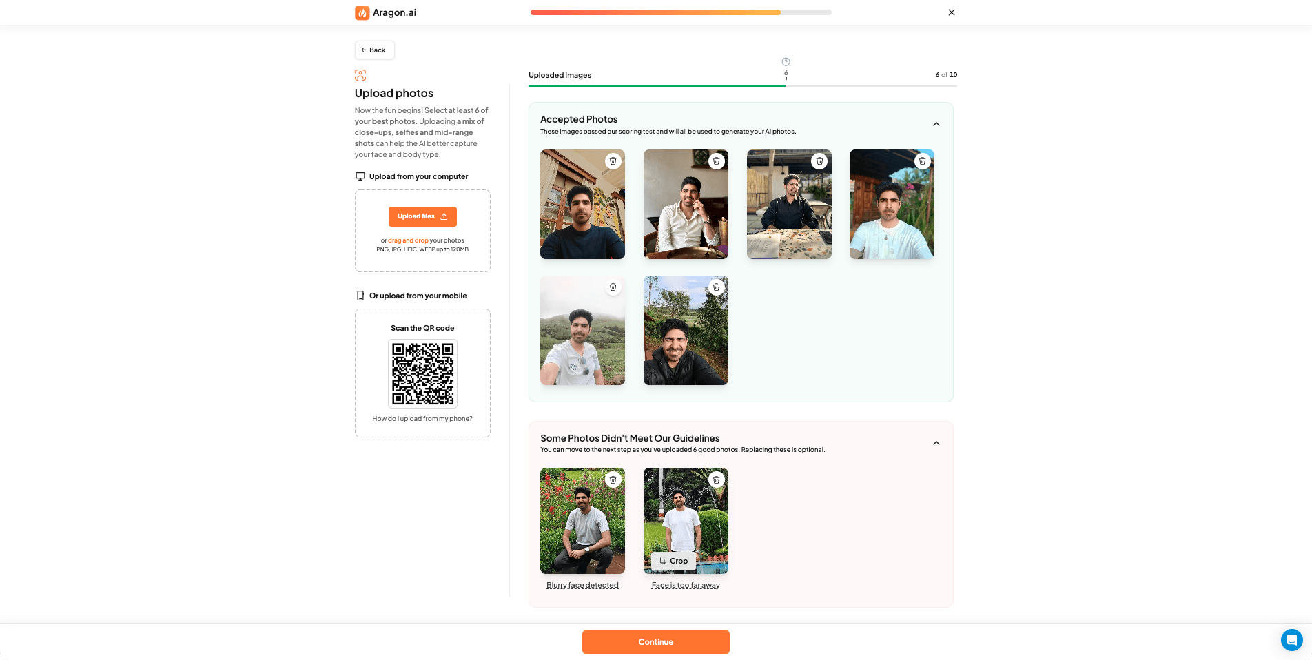 Screenshot of Aragon AI website image uploading interface for photo submission