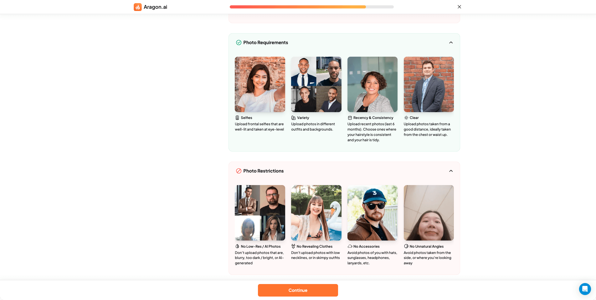 Screenshot of Aragon AI website photo uploading guidelines and requirements