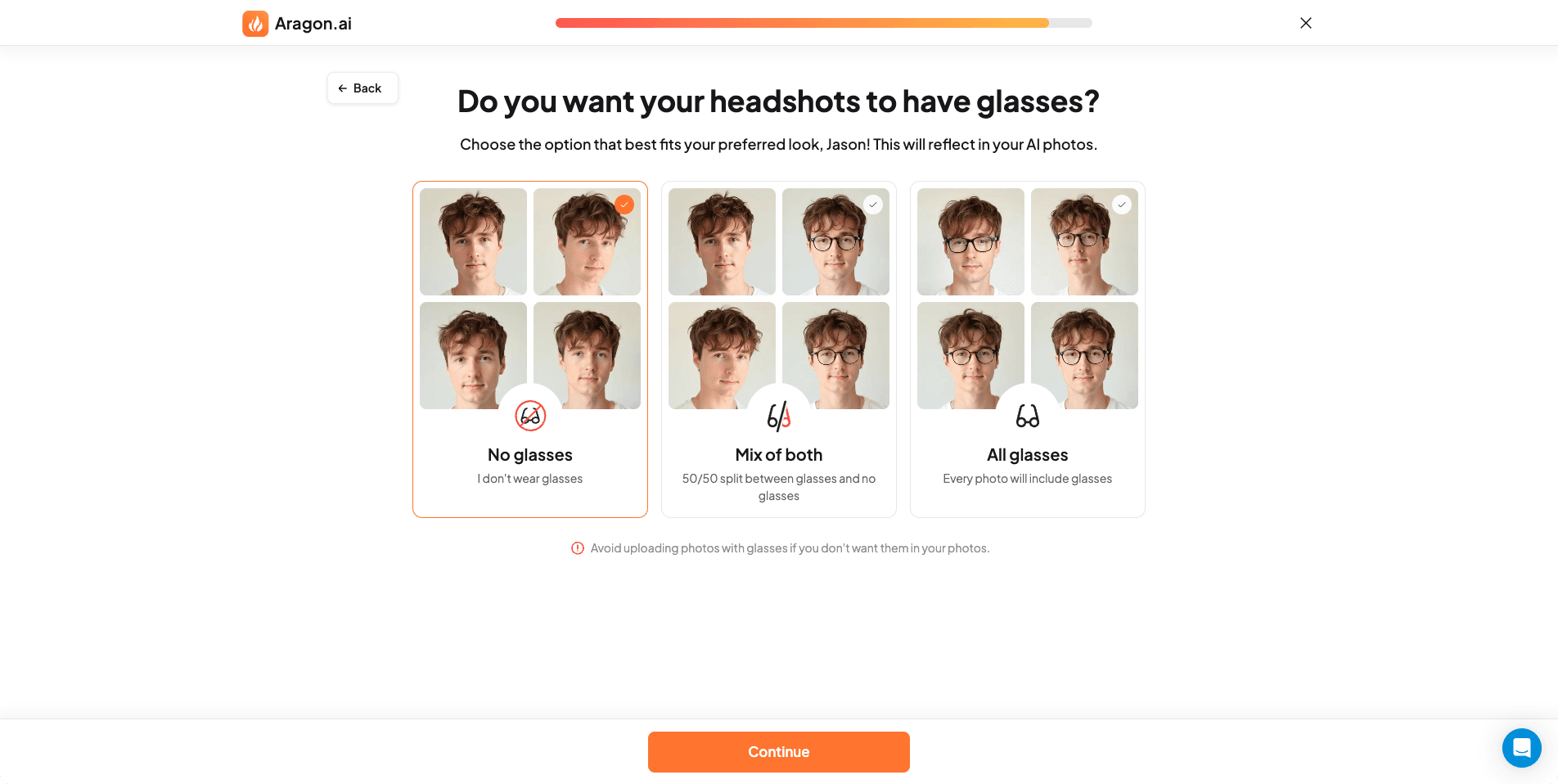 Screenshot of Aragon AI website glasses preferences selection screen