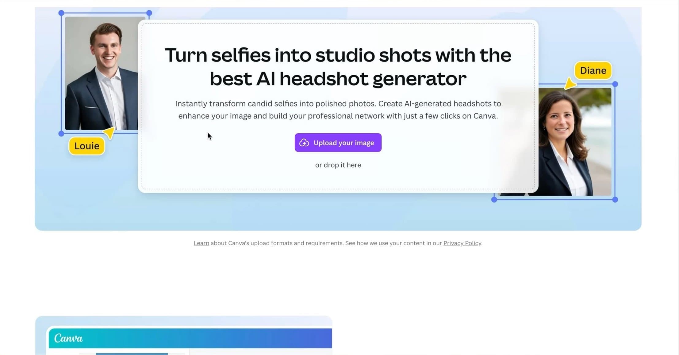Screenshot of Canva AI headshot generator photo upload interface