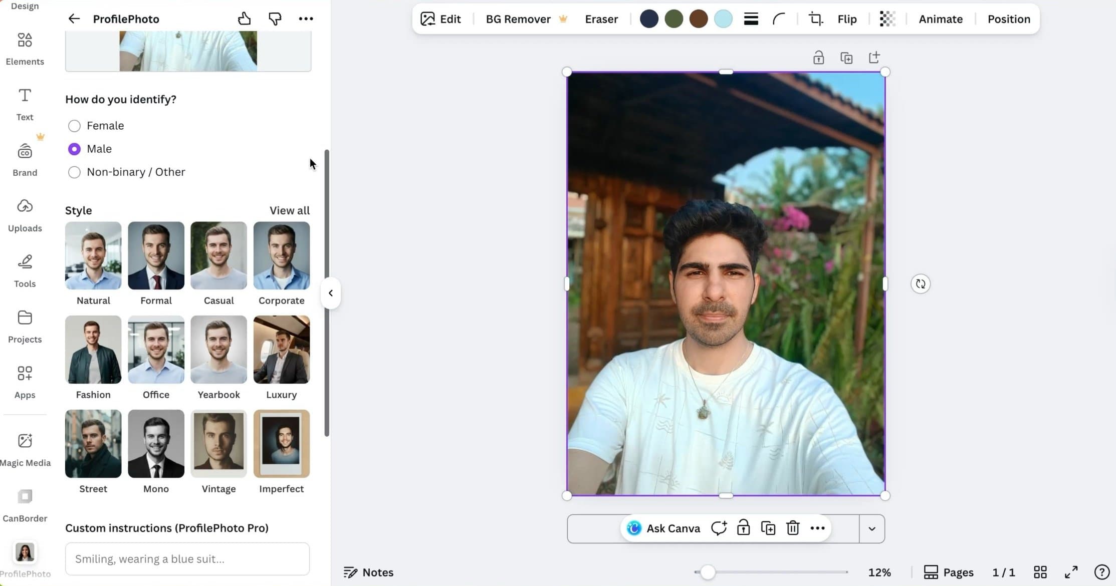 Screenshot of Canva AI headshot generator gender and style selection screen