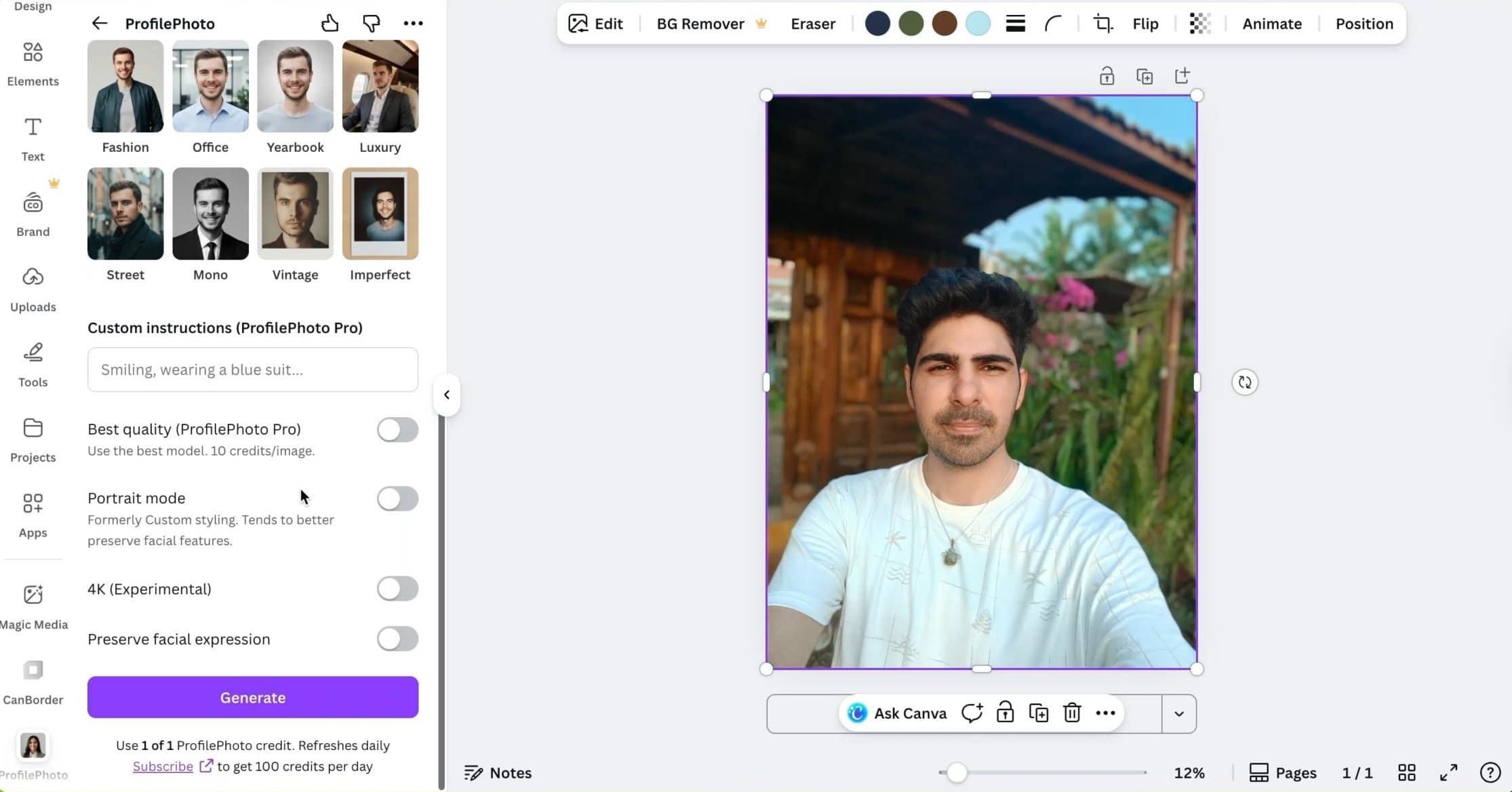 Screenshot of Canva AI headshot generator 4K output and facial feature preservation settings