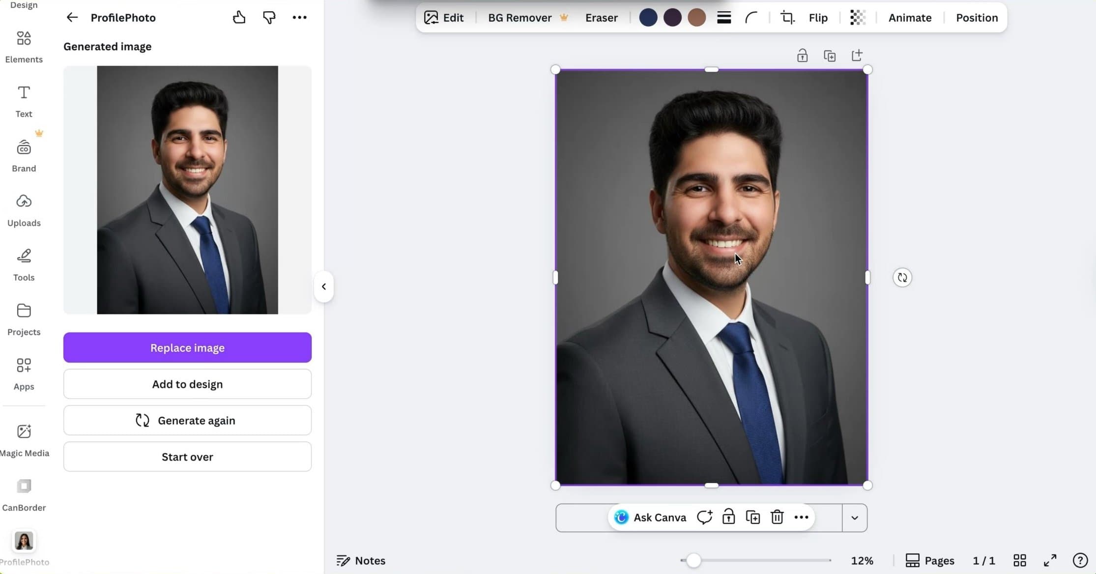 Screenshot of Canva AI headshot generator results page displaying generated headshots