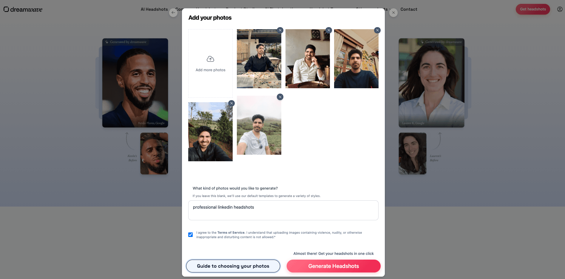 Screenshot of Dreamwave AI website image uploading interface with drag and drop functionality