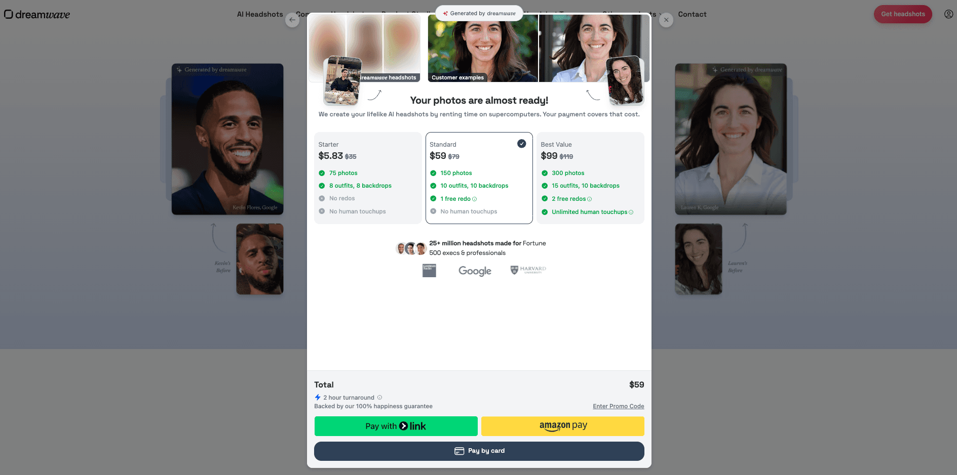 Screenshot of Dreamwave AI website payment confirmation modal for secure checkout