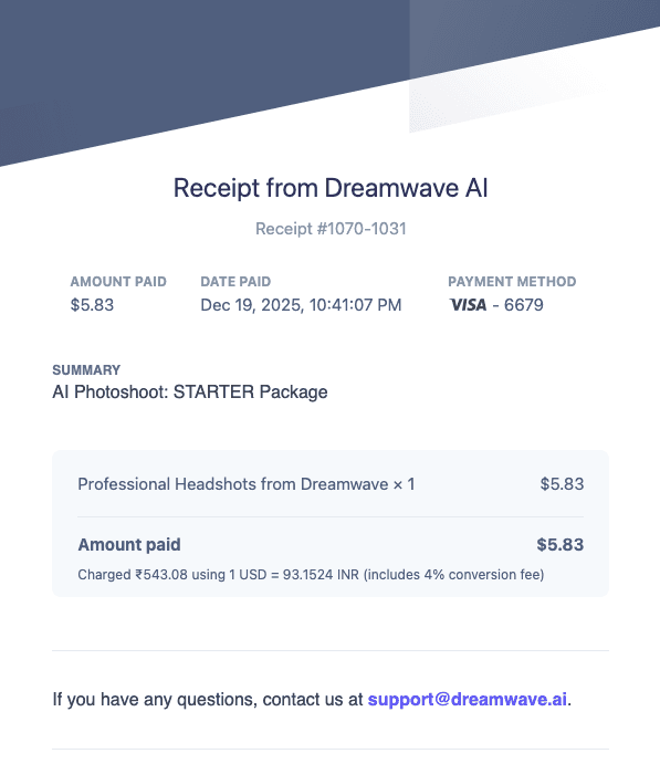 Screenshot of Dreamwave AI website Stripe payment receipt confirmation page