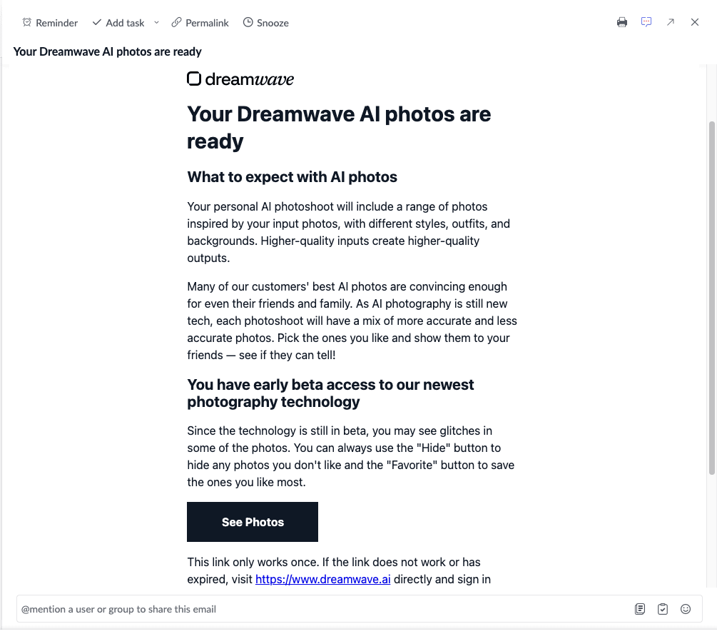 Screenshot of Dreamwave AI email notification for completed headshots