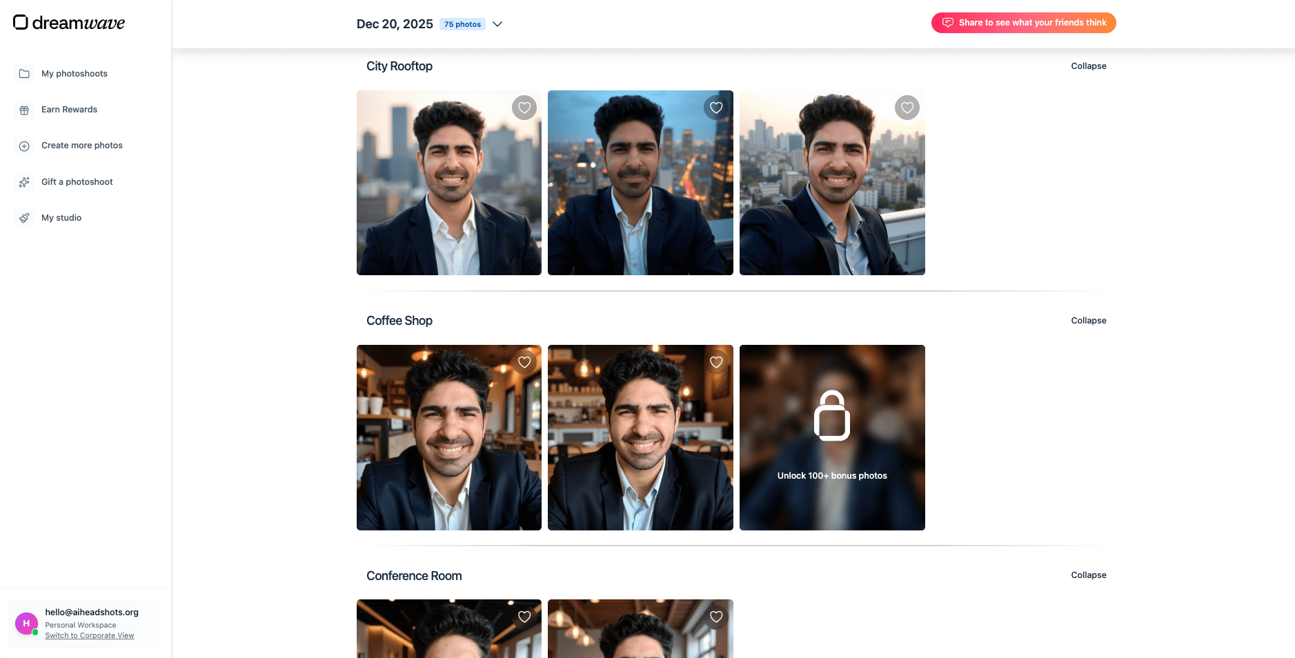 Screenshot of Dreamwave AI website results dashboard displaying generated headshots