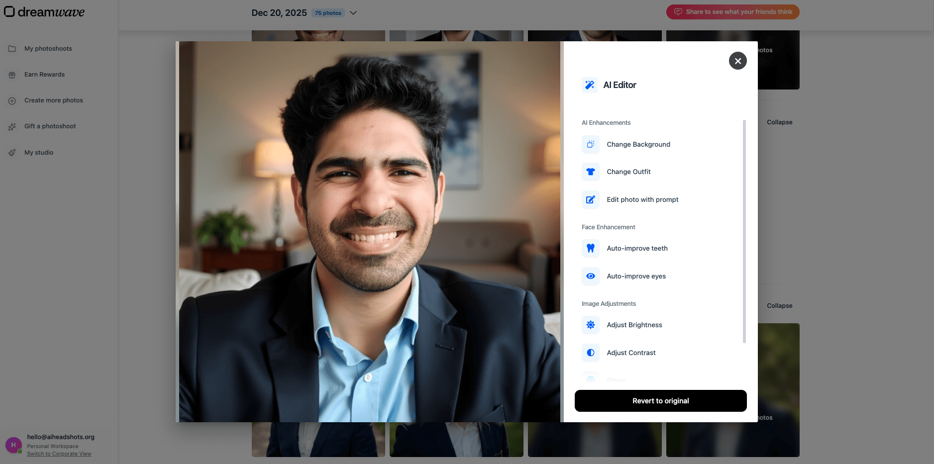 Screenshot of Dreamwave AI website automatic eye editing feature demonstration