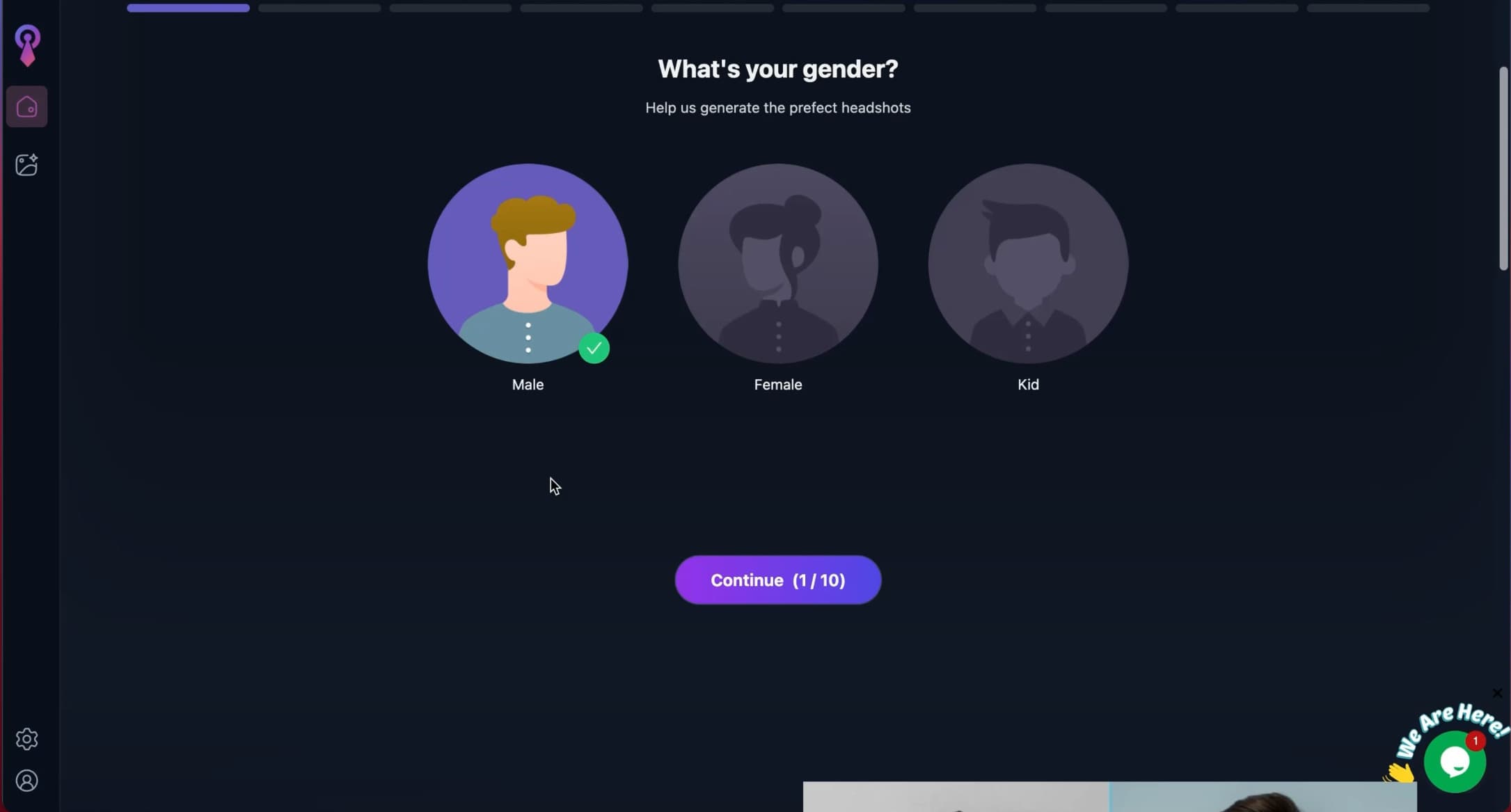 Screenshot of HeadshotMaster AI website gender selection screen