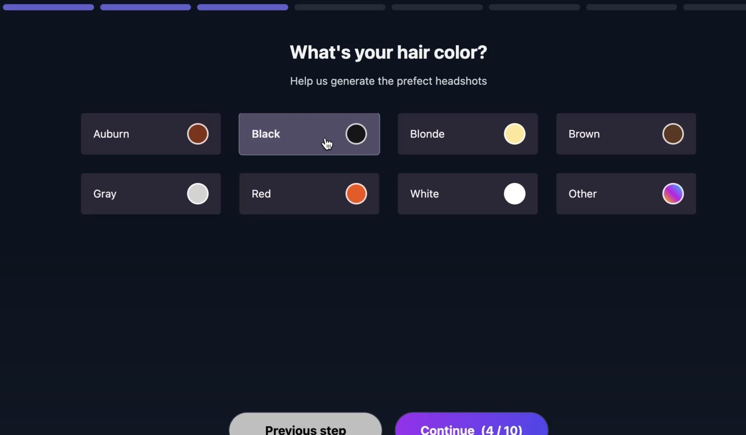 Screenshot of HeadshotMaster AI website hair color selection interface