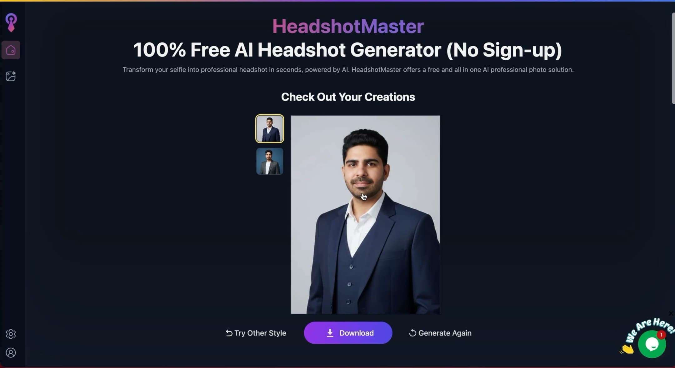 Screenshot of HeadshotMaster AI website results page showing generated headshots