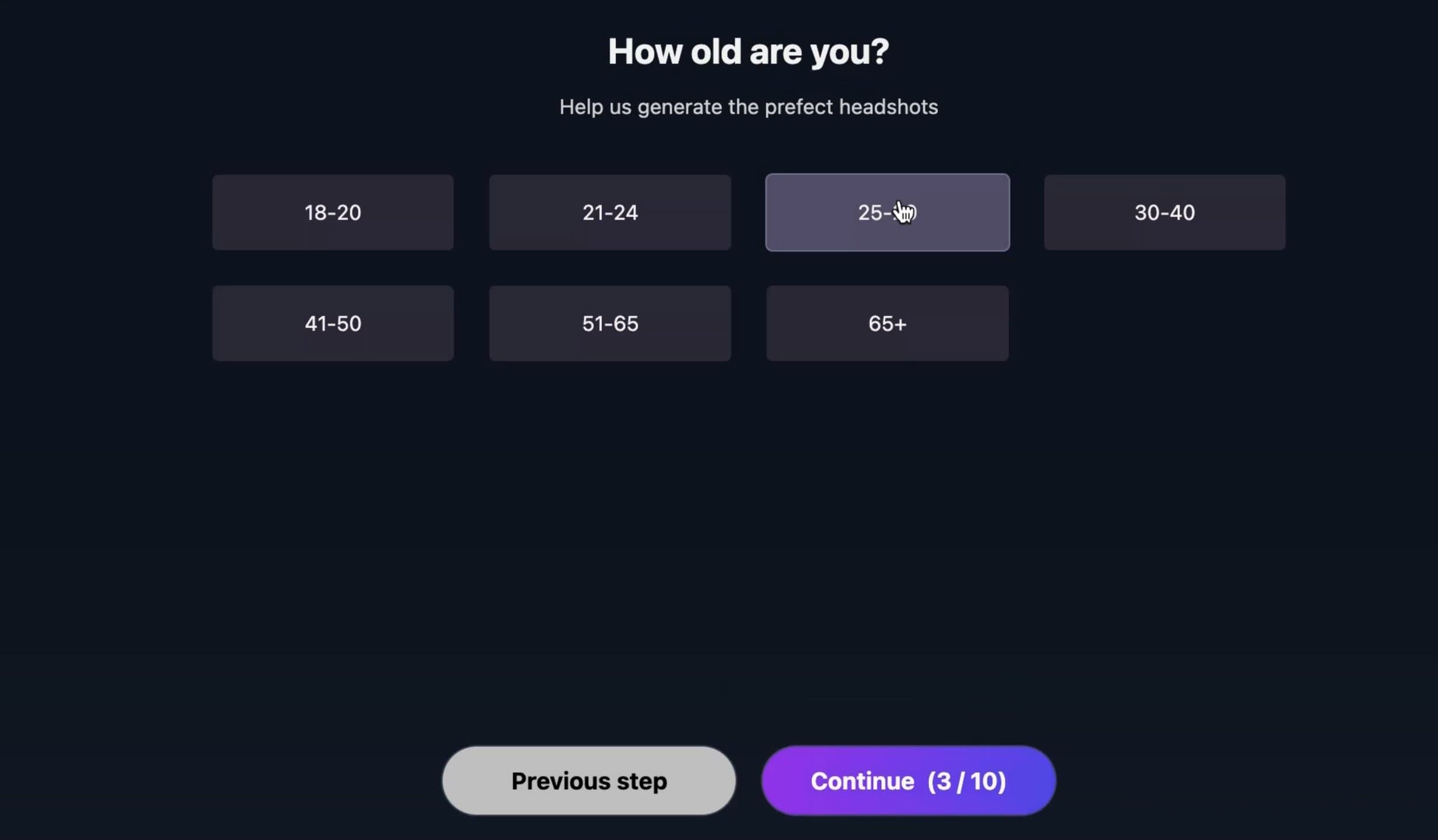 Screenshot of HeadshotMaster AI website age range selection screen