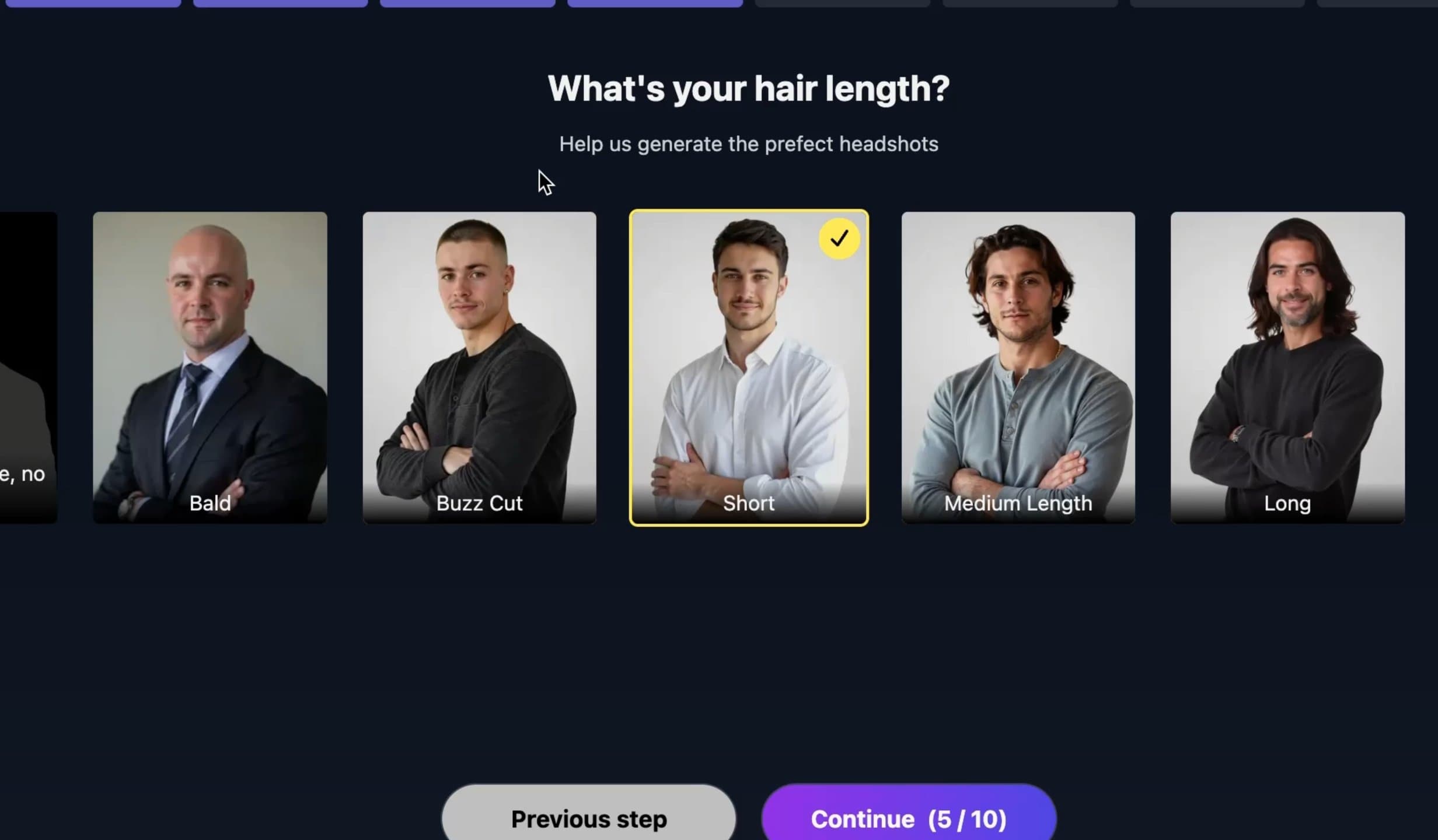 Screenshot of HeadshotMaster AI website hair length selection options