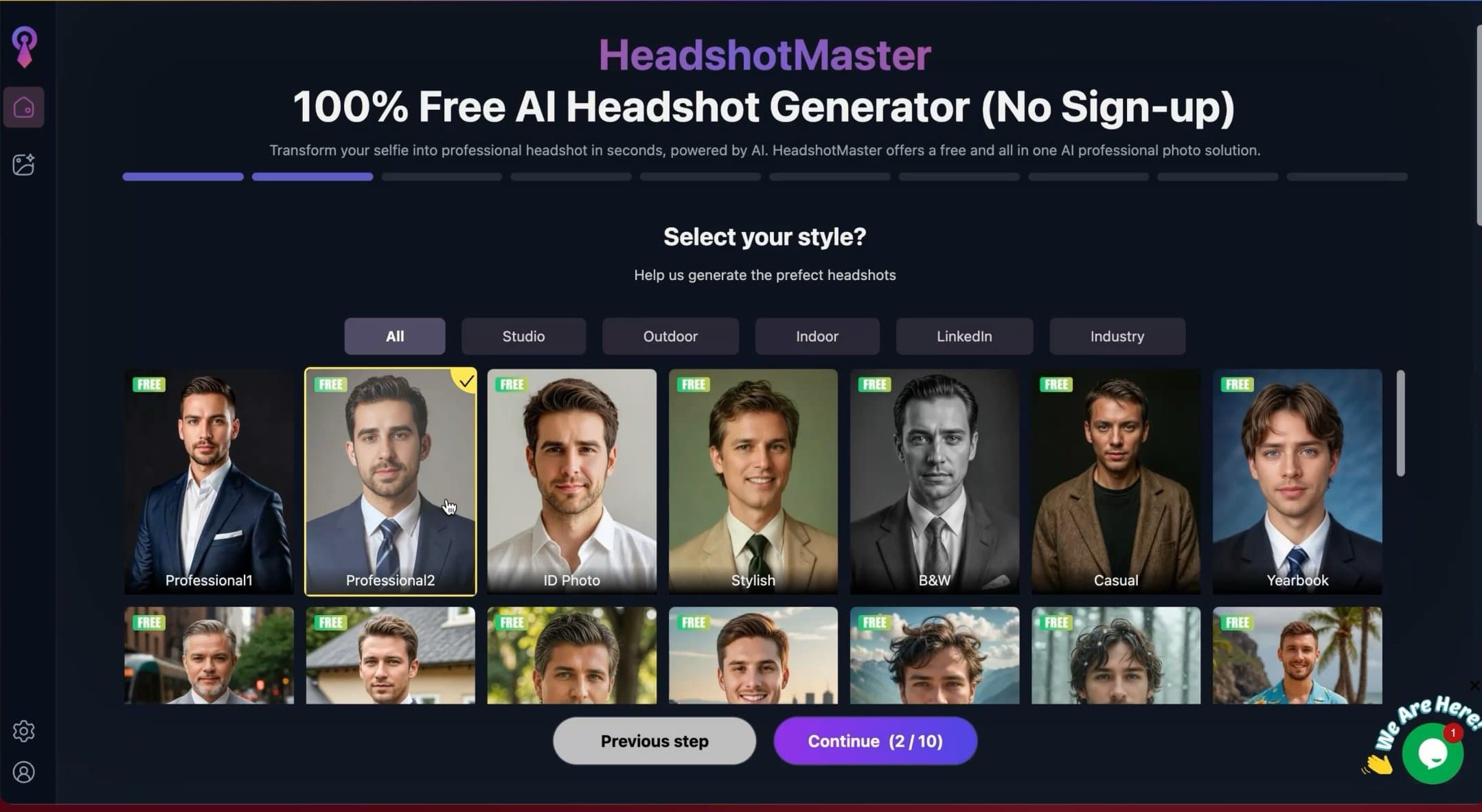 Screenshot of HeadshotMaster AI website style options gallery