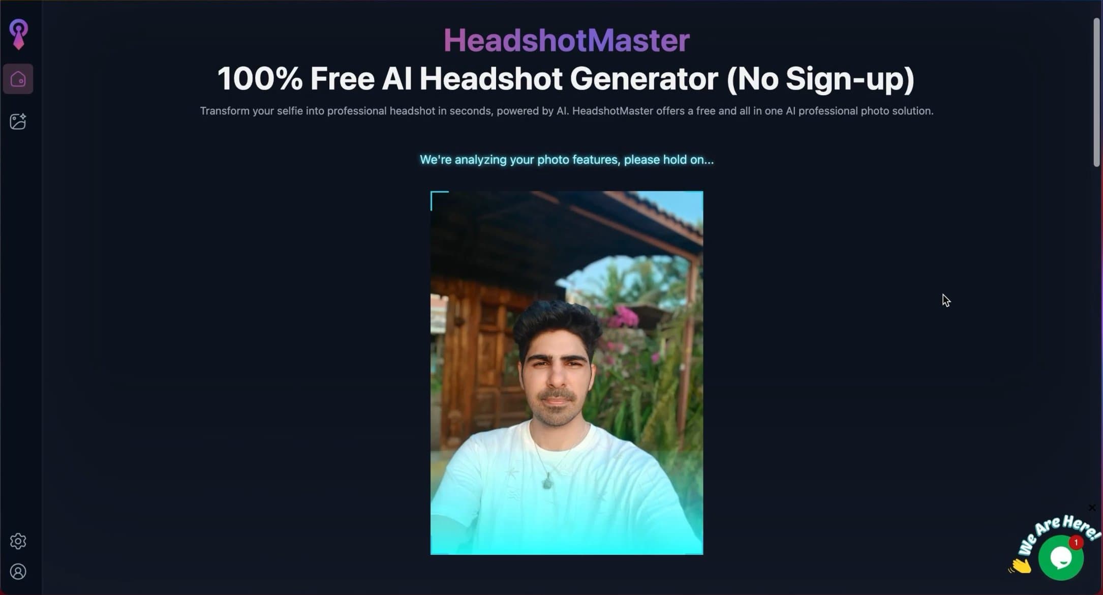 Screenshot of HeadshotMaster AI website image analysis processing screen