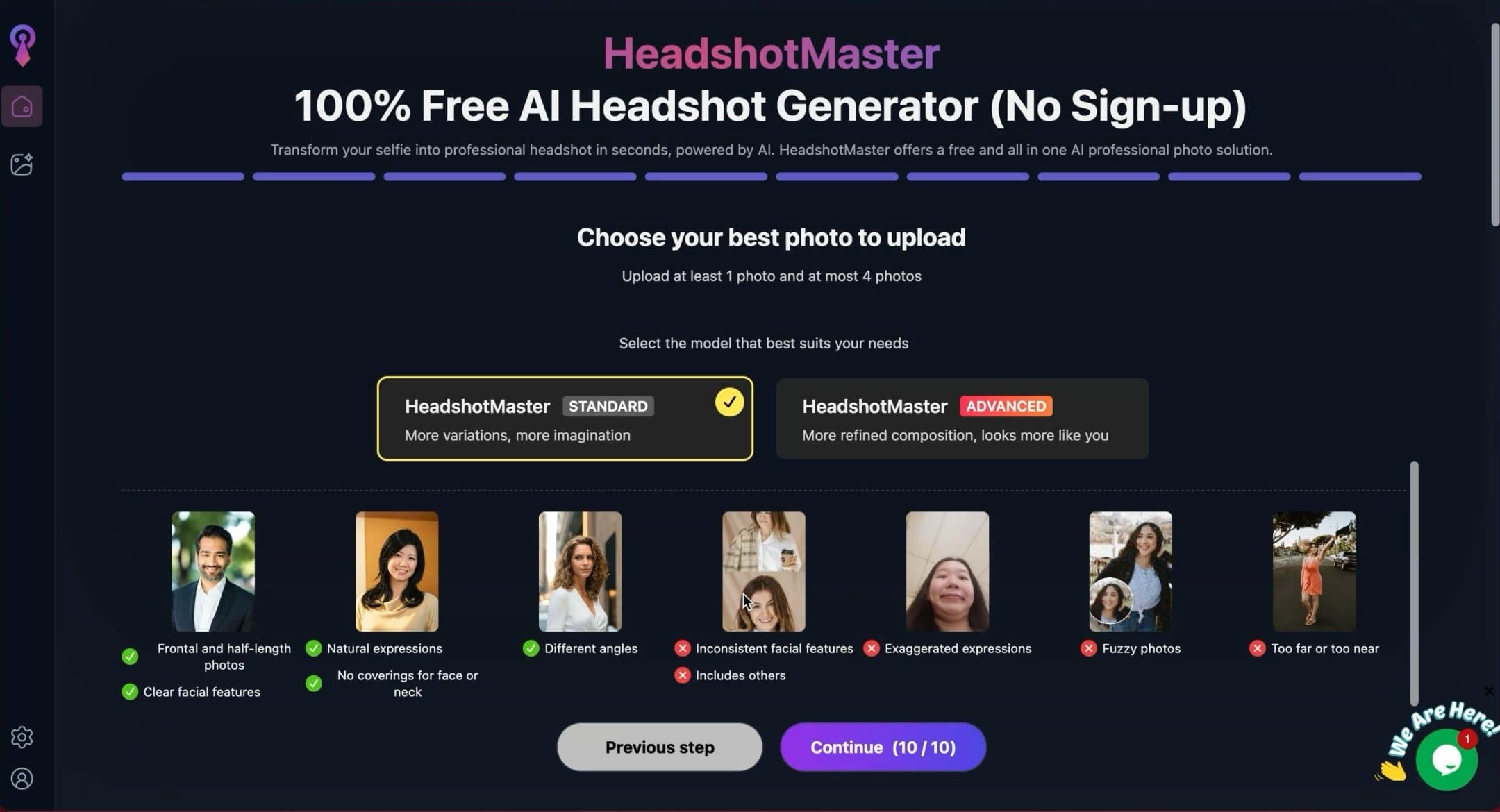 Screenshot of HeadshotMaster AI website headshot mode selection interface