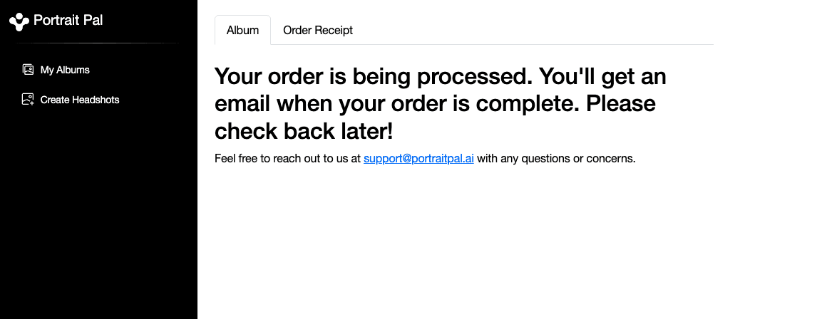 Screenshot of PortraitPal AI website order processing interface