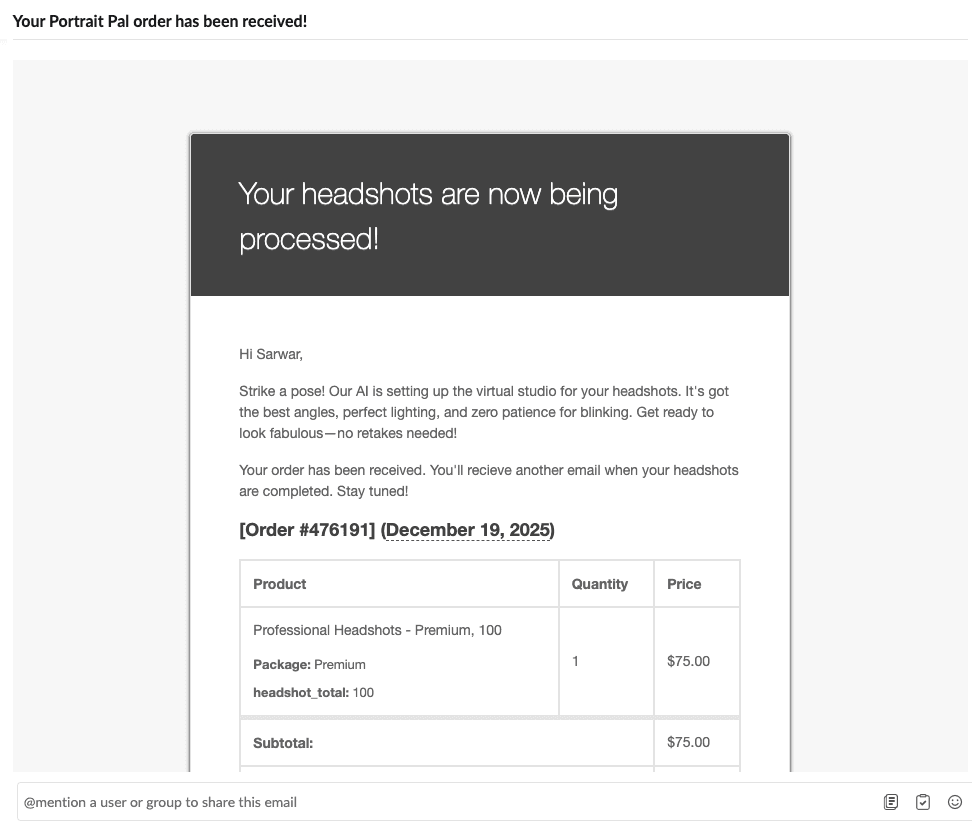 Screenshot of PortraitPal AI email notification for headshots processing