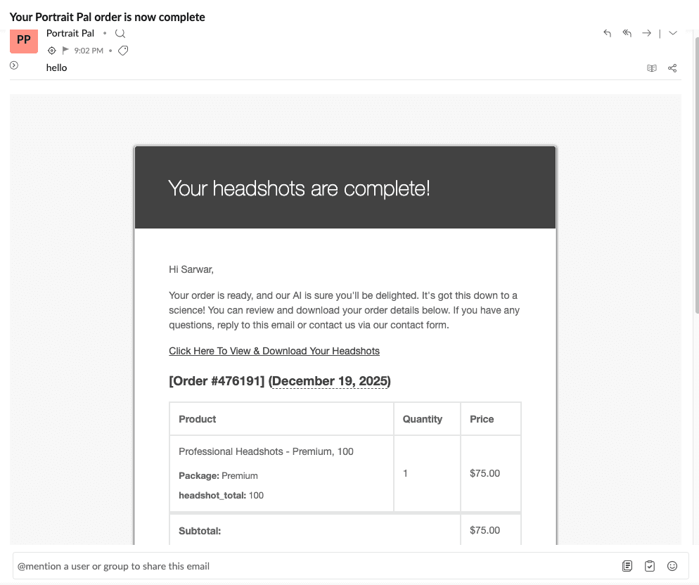 Screenshot of PortraitPal AI email notification for completed headshots