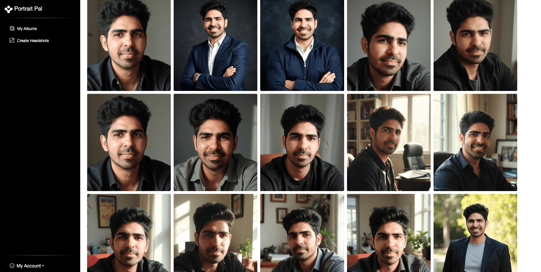 Screenshot of PortraitPal AI website results dashboard showing completed headshots