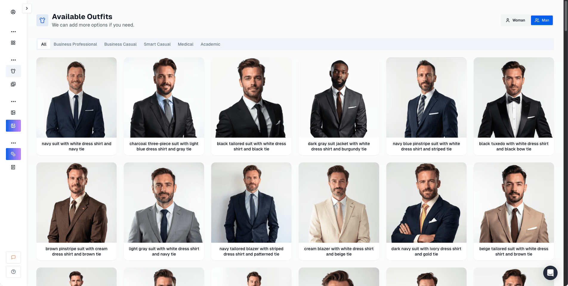 Screenshot of Proshoot outfit style library showing professional attire options for AI headshots