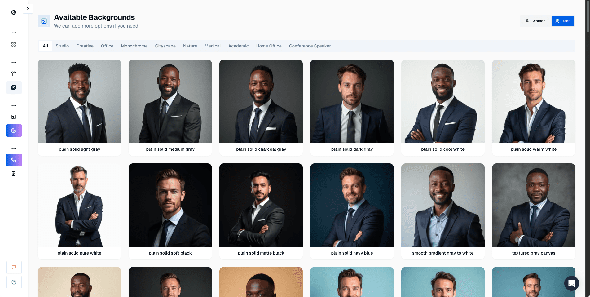 Screenshot of Proshoot background selection interface showing various backdrop options