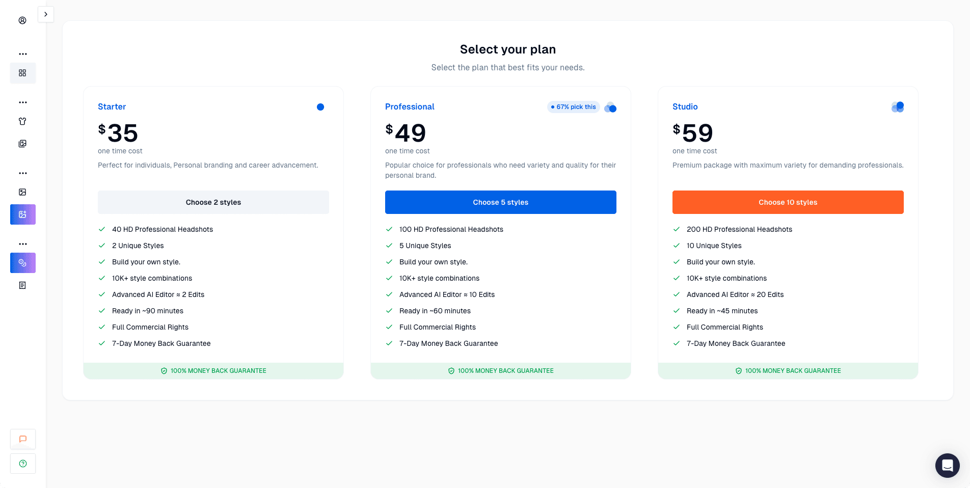 Screenshot of Proshoot pricing plans and payment options page