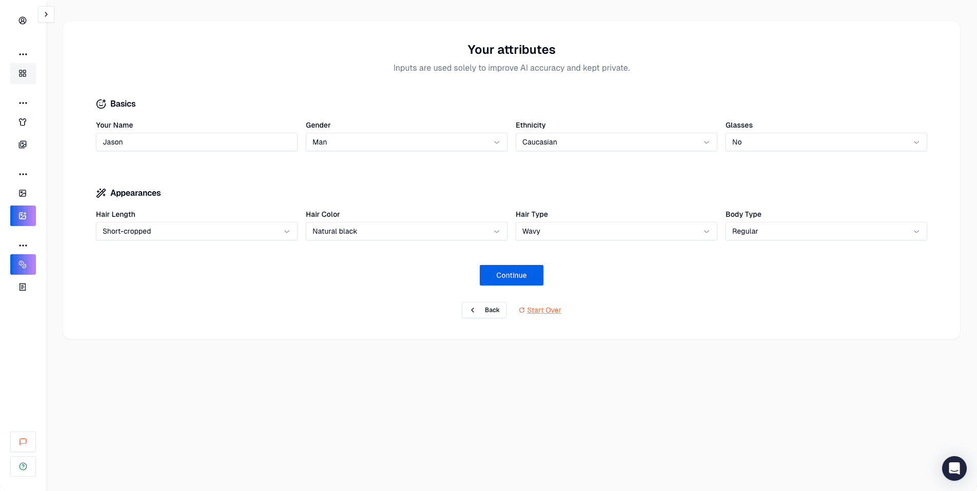 Screenshot of Proshoot website personal attributes selection form showing hair color, type, ethnicity, body type, and glasses options