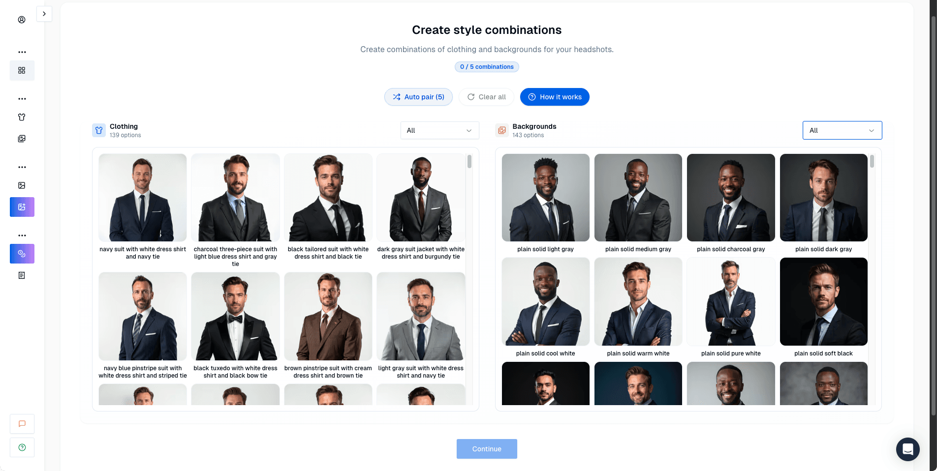 Screenshot of Proshoot style creation interface showing outfit and background pairing system